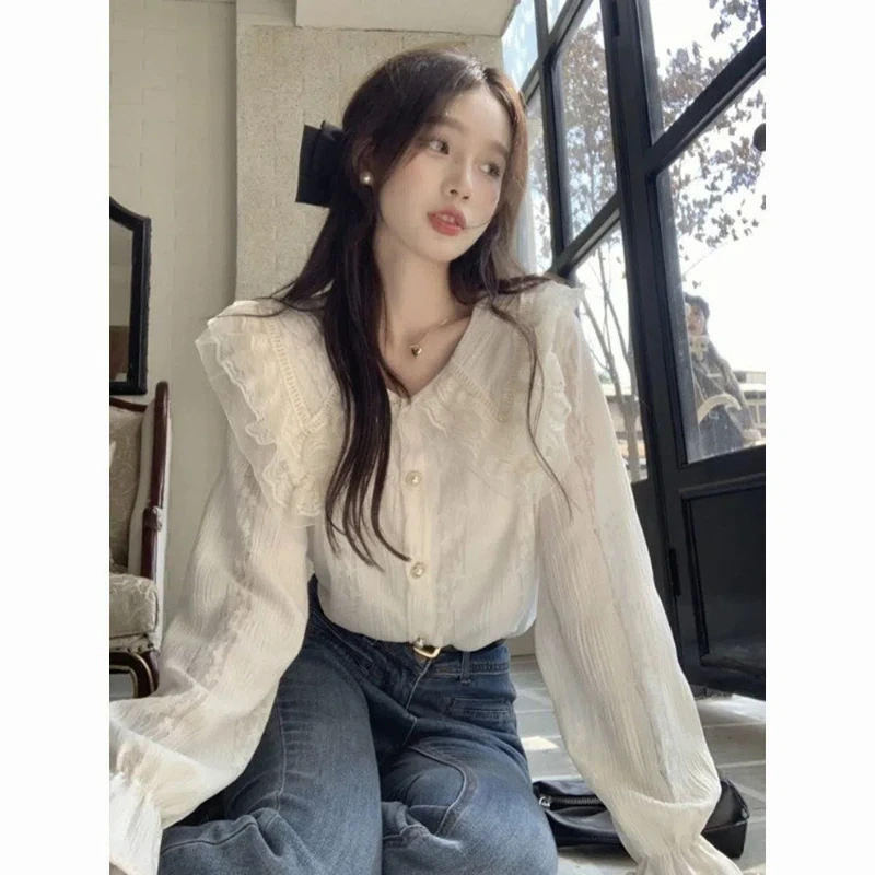 Doll Collar Long Sleeved Shirt for Women, New Style with Small Fragrance and Western Style French Sweet and Gentle Base Chiffon