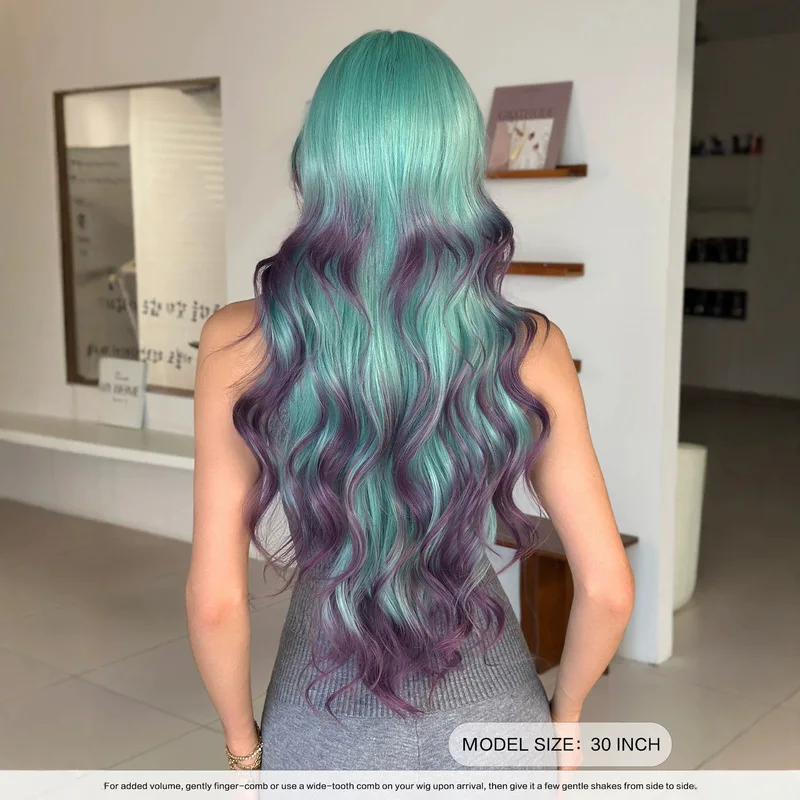 for women gradient purple wavy extra-long curly hair with bangs voluminous synthetic heat-resistant colorful wig 30