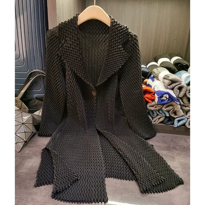 ALSEY Miyake Pleated Temperament Commuter Lapel Trench Coat for Female Fall Fashion Versatile Jacket in The Long Section Coat