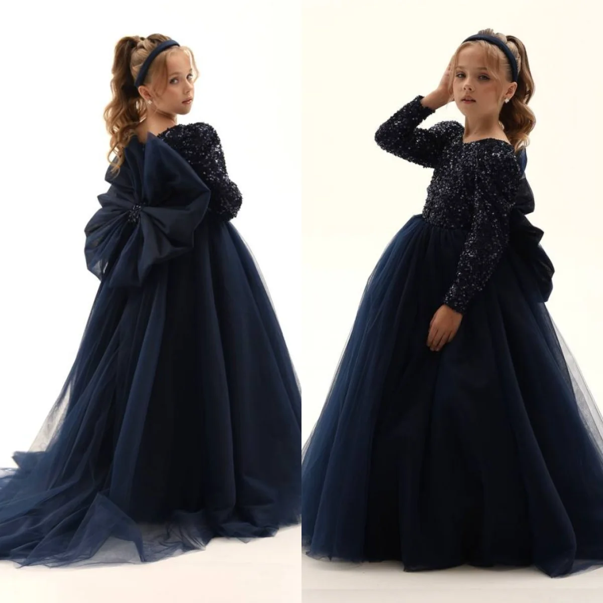 

Dark Navy Flower Girl Dresses Bow Back Baby Girl's Birthday Party Gowns Customized Sequined Kids First Communion Dresses