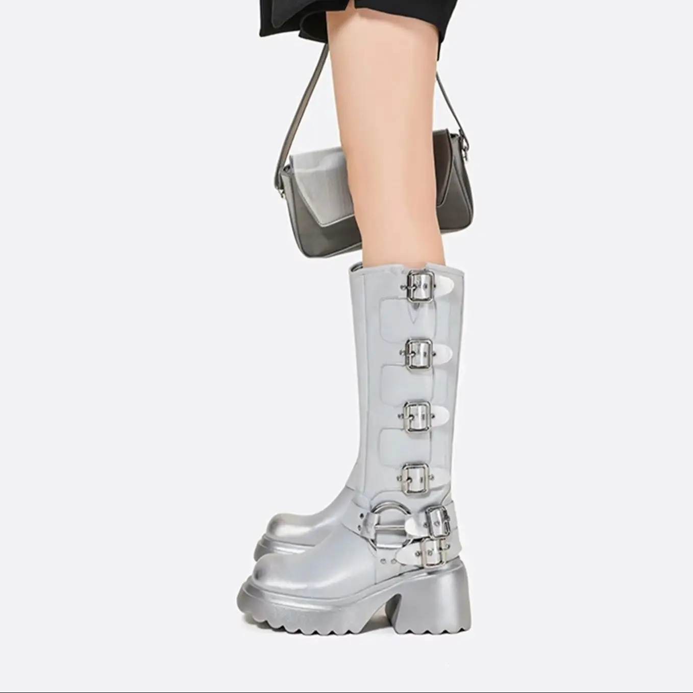 

Motorcycle Boots Goth New Super High Heels Silver Boots Western Cowboy Thick Bottom Retro Biker Boots Luxury Women's Shoes