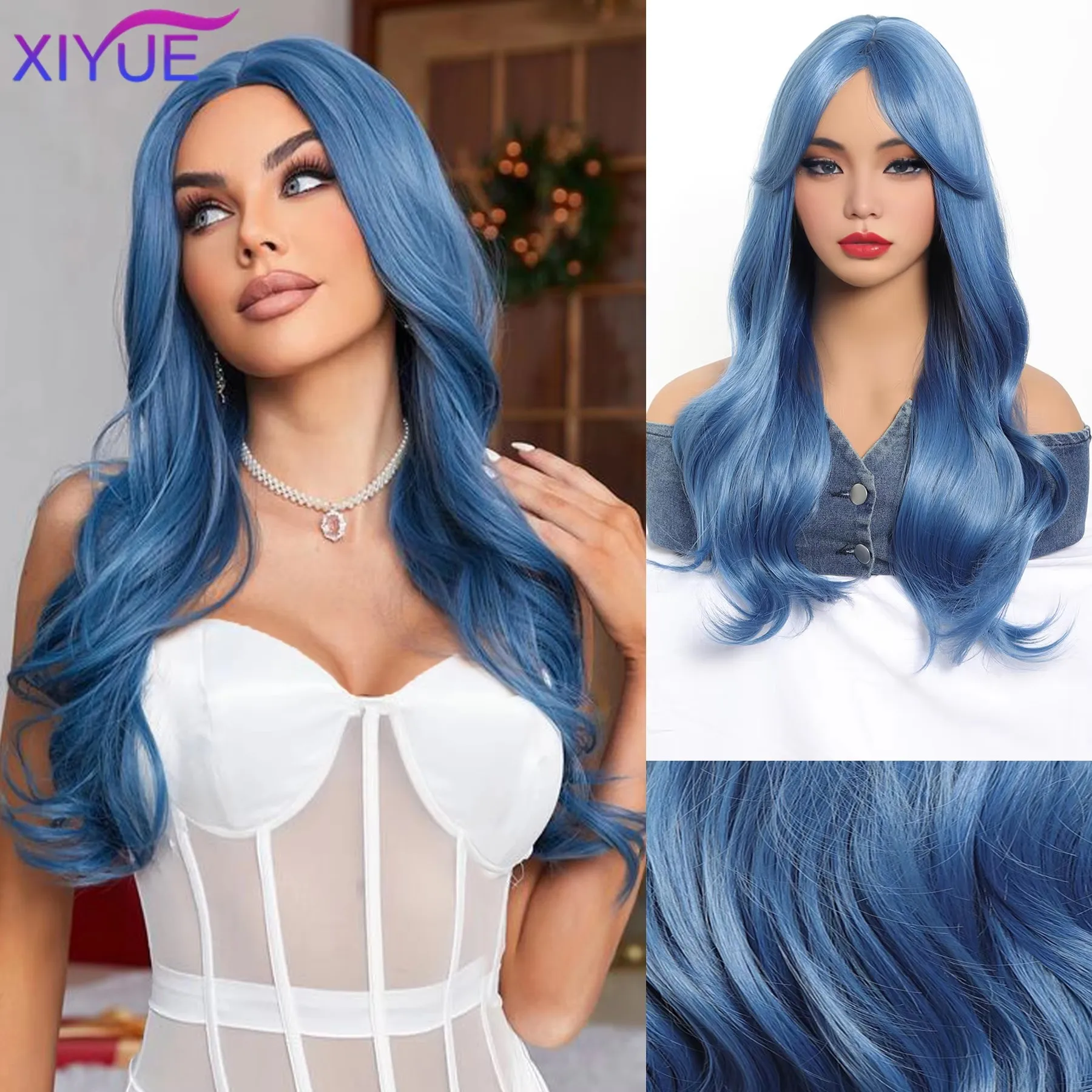 22Inch Sea Blue Color Synthetic Wigs Middle Part Long Natural Wavy Hair Wig For Women Cosplay Drag Queen Party Heat Resistant XY