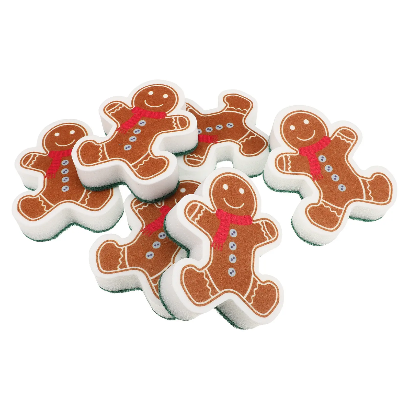 6Pcs Gingerbread Shaped Kitchen Sponges Non Scratch Dishwashing Scrubbers Holiday Kitchen Cleaning Pads Decorative Christmas