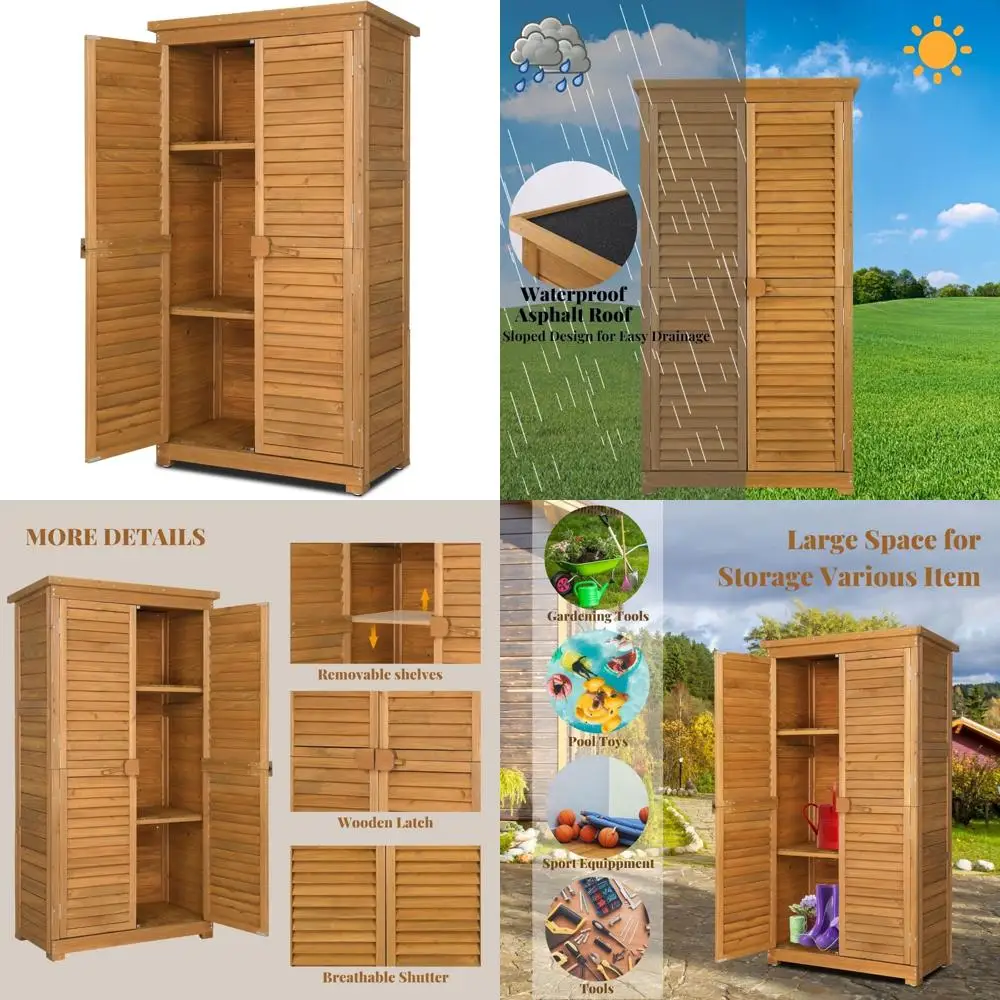 63-calowy drewniany szafa do przechowywania na zewnątrz zamykana na klucz, 3 regulowane półki, wodoodporne dachy na narzędzia ogrodowe