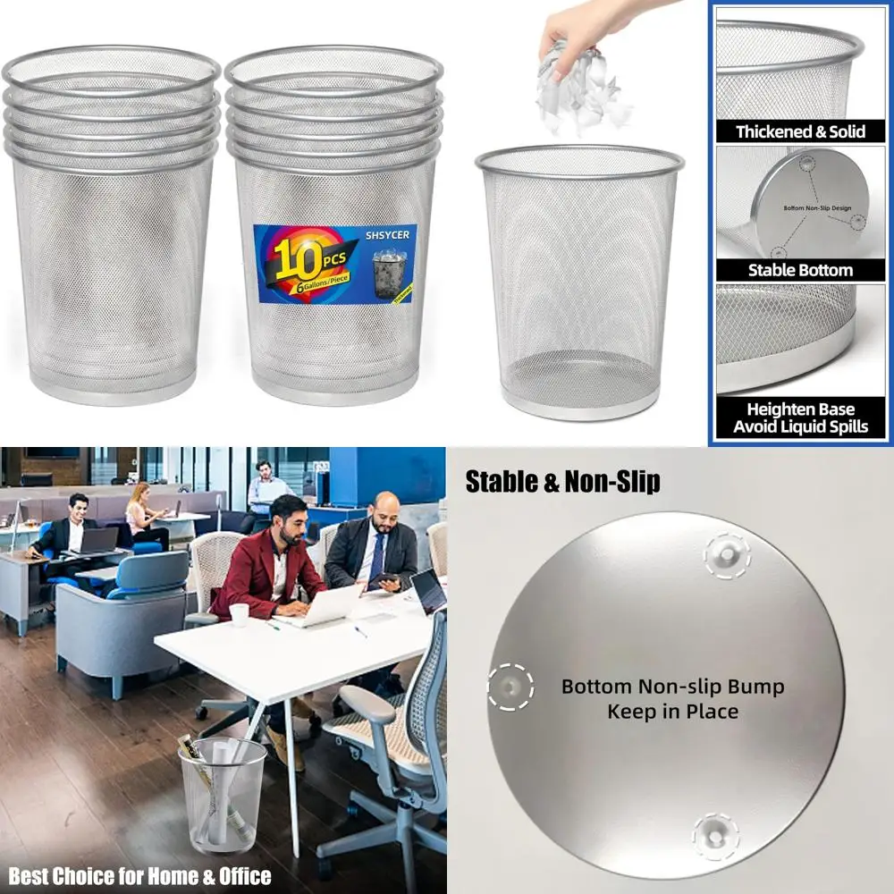 

10 Pack 6 Gallon Mesh Trash Cans - Office Wastebaskets for Desk Side, Open Metal Wire Design, Space-Saving Solution