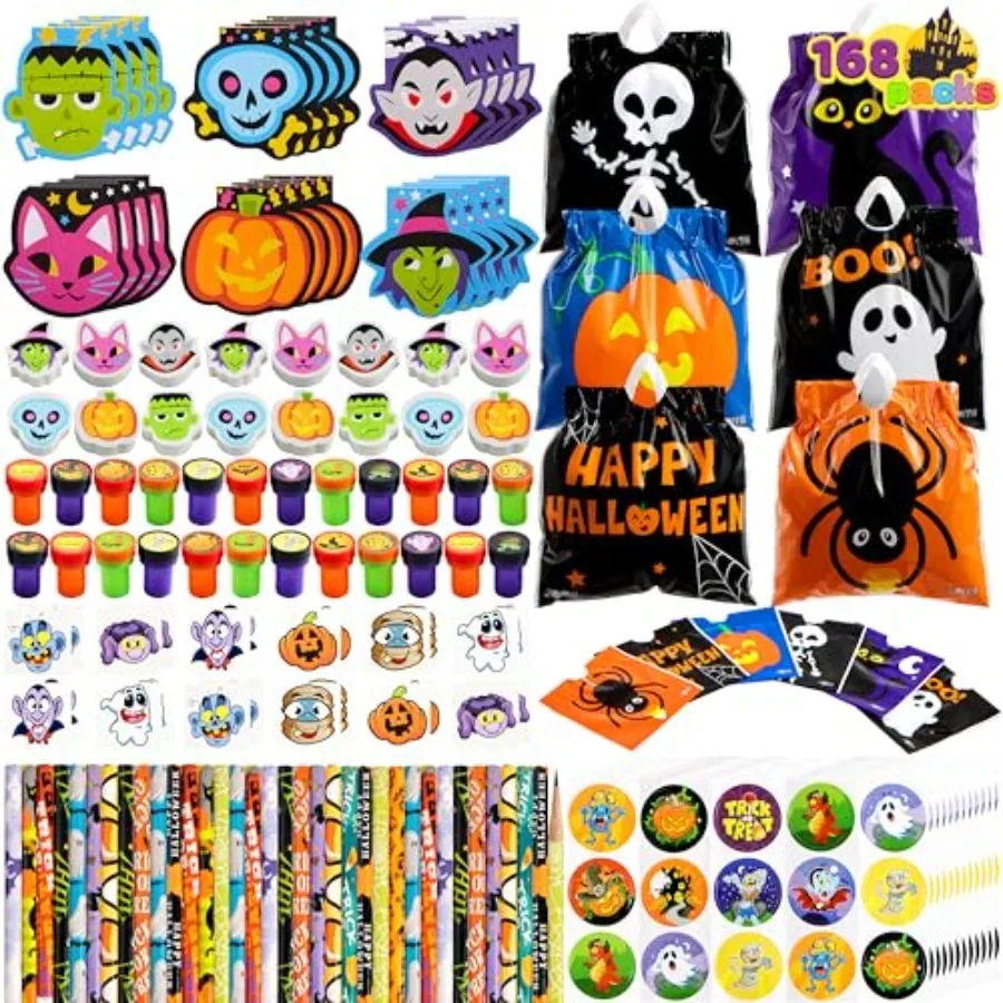 

168 Pcs 24 Pack Assorted Halloween Art and Craft Stationery Gift Set Trick or Treat Party Favor Toy Including Halloween Bag Not