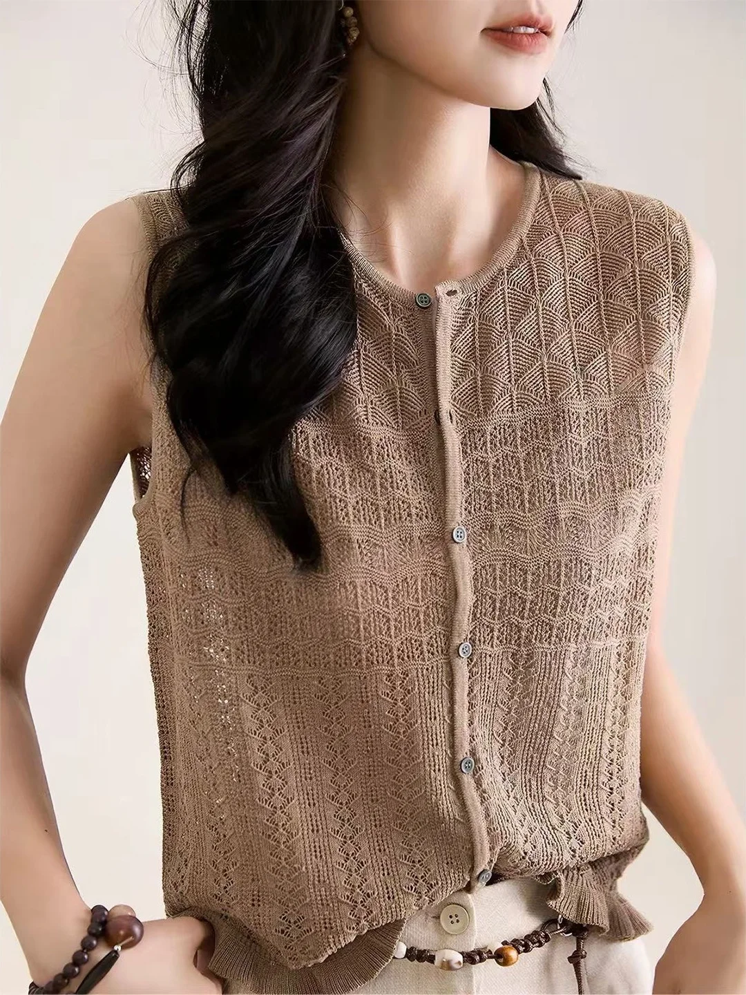 Chic Hollow out Knitted Vest Soft Comfortable Single Button Summer Fashionable Versatile Women's Silk Top Korean Style Straig...