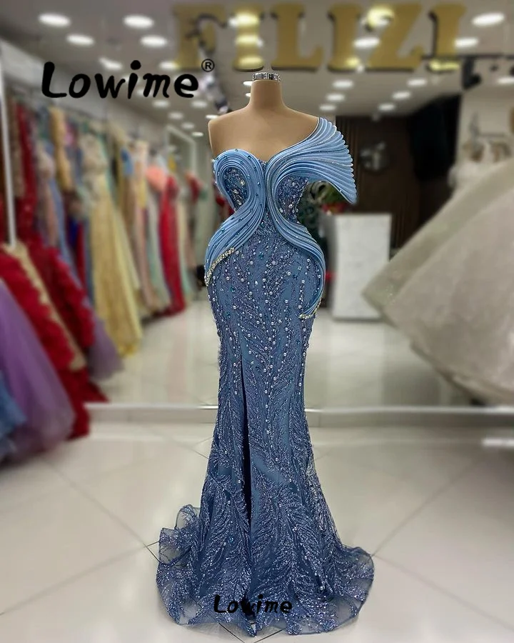 Robes De Soirée Blue Prom Dresses Aso Ebi Crystals Mermaid Wedding Party Dress Women Birthday Engagement Gowns Evening Dresses