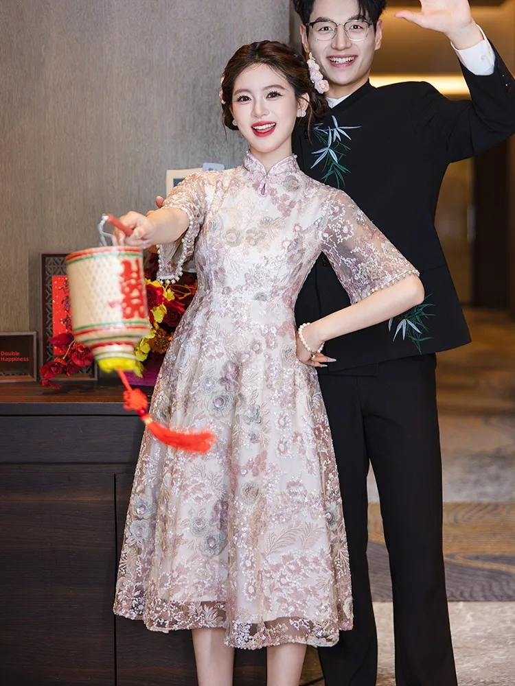 

Платье-ципао с завышенной талией для беременных, розовое, для помолвки, свадьбы, церемонии возвращения домой, для женщин больших размеров, скрывающее живот