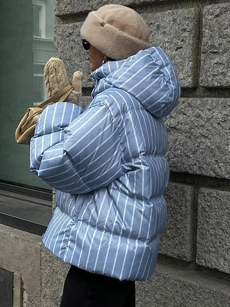 سترات نسائية شتوية مخططة بقلنسوة وأكمام طويلة مرقعة للتنقل ملابس خروج دافئة سترات نسائية عتيقة ملابس خارجية #5