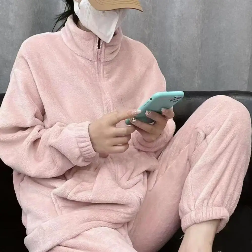 أعلى السراويل بيجامة مجموعة النساء قطعتين بيجامة مجموعة مريحة بيجامة شتوية مجموعة مع المرجان الصوف أعلى مرونة الخصر بنطلون للبرد