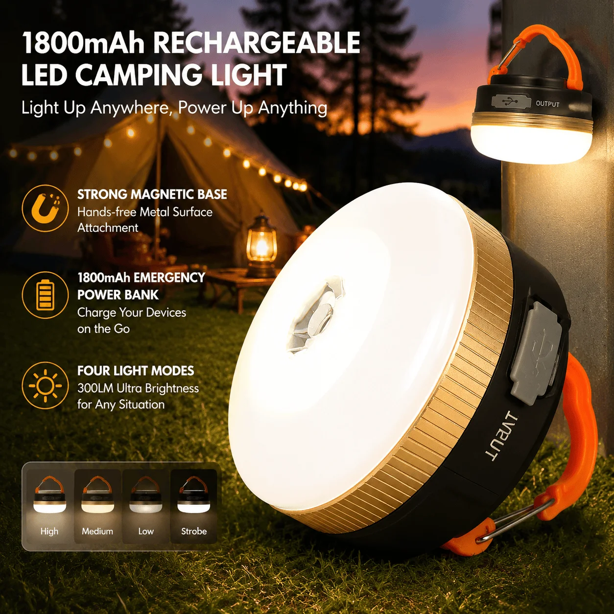 LED Camping Light Rechargeable Tent Lantern With Magnetic Base Emergency Power Bank 4 Modes Portable Outdoor Hiking Gear