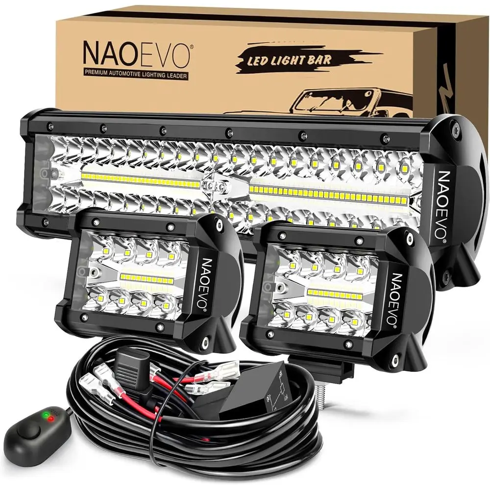 

12 42000LM LED Light Bar & 2x4 Pods, 420W Spot/Flood Combo, Wiring Kit for Trucks, ATVs, Boats