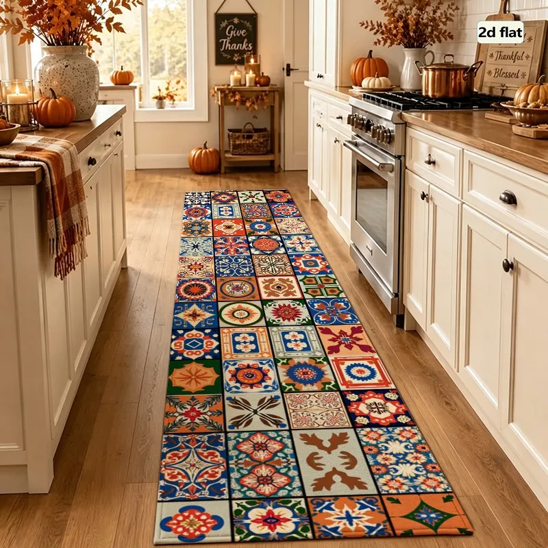 1 Piece Vibrant Mosaic Tile Rug, Soft Comfortable, All Seasons, Lightweight Easy Care, Home Decoration, Living Room, Bedroom, Dining Room, Winter, Autumn