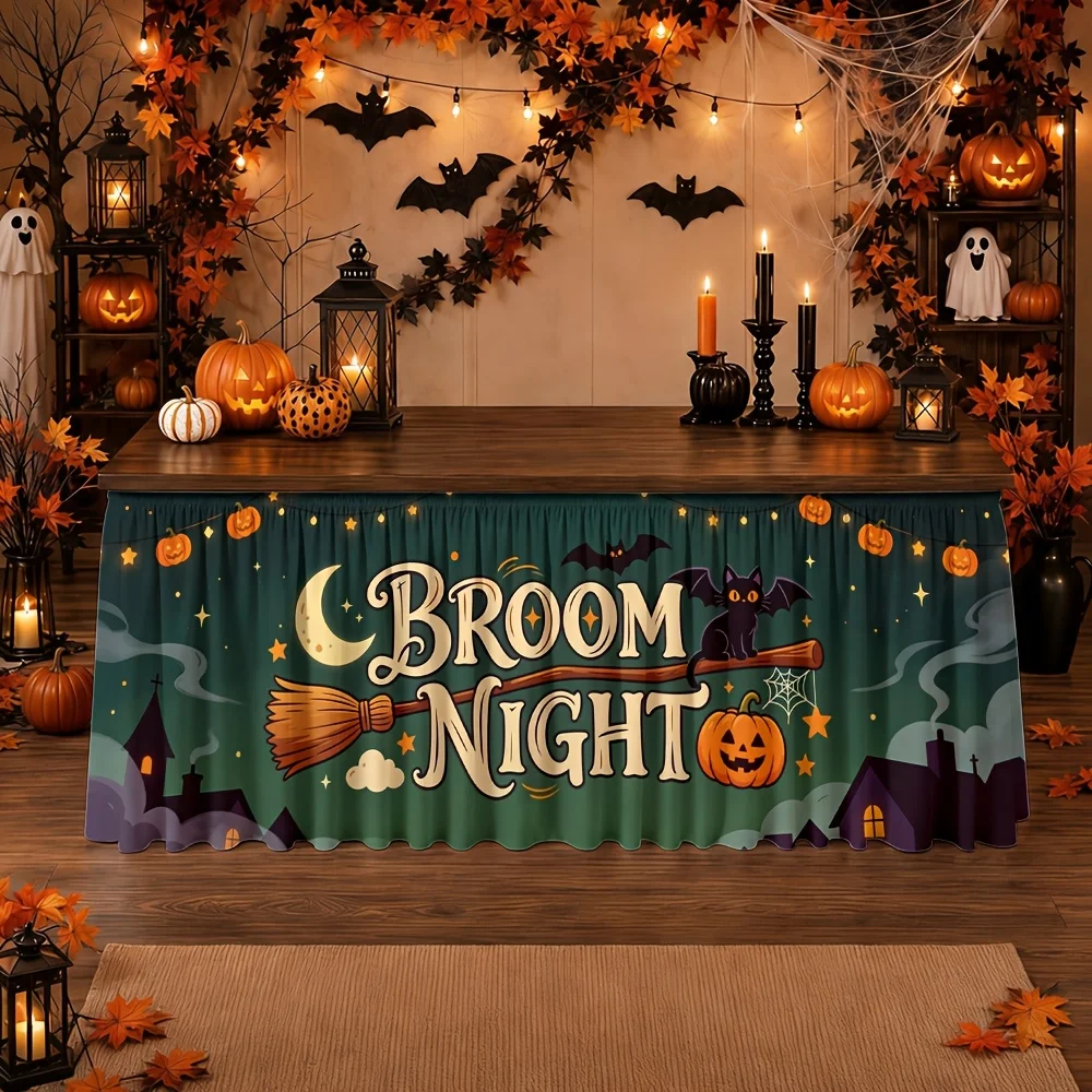 1 table runner broom for night, made of polyester, with a Halloween theme, featuring horror and magical decorations.