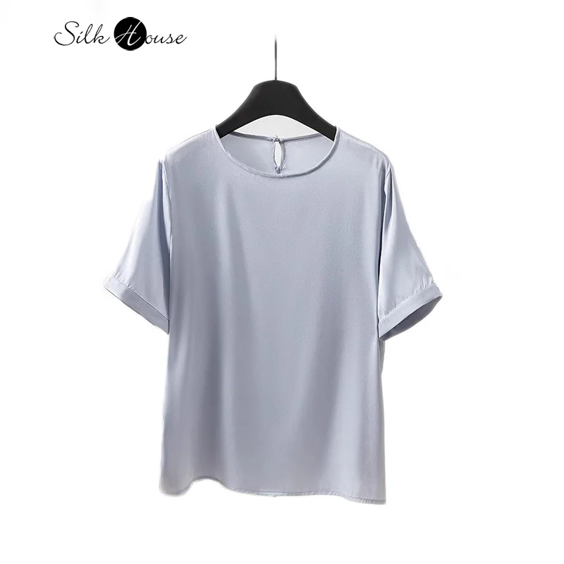 

Smooth and Breathable 93% Natural Mulberry Silk Elastic Double Qiao Satin Round Neck Short Sleeved Women's Summer T-shirt