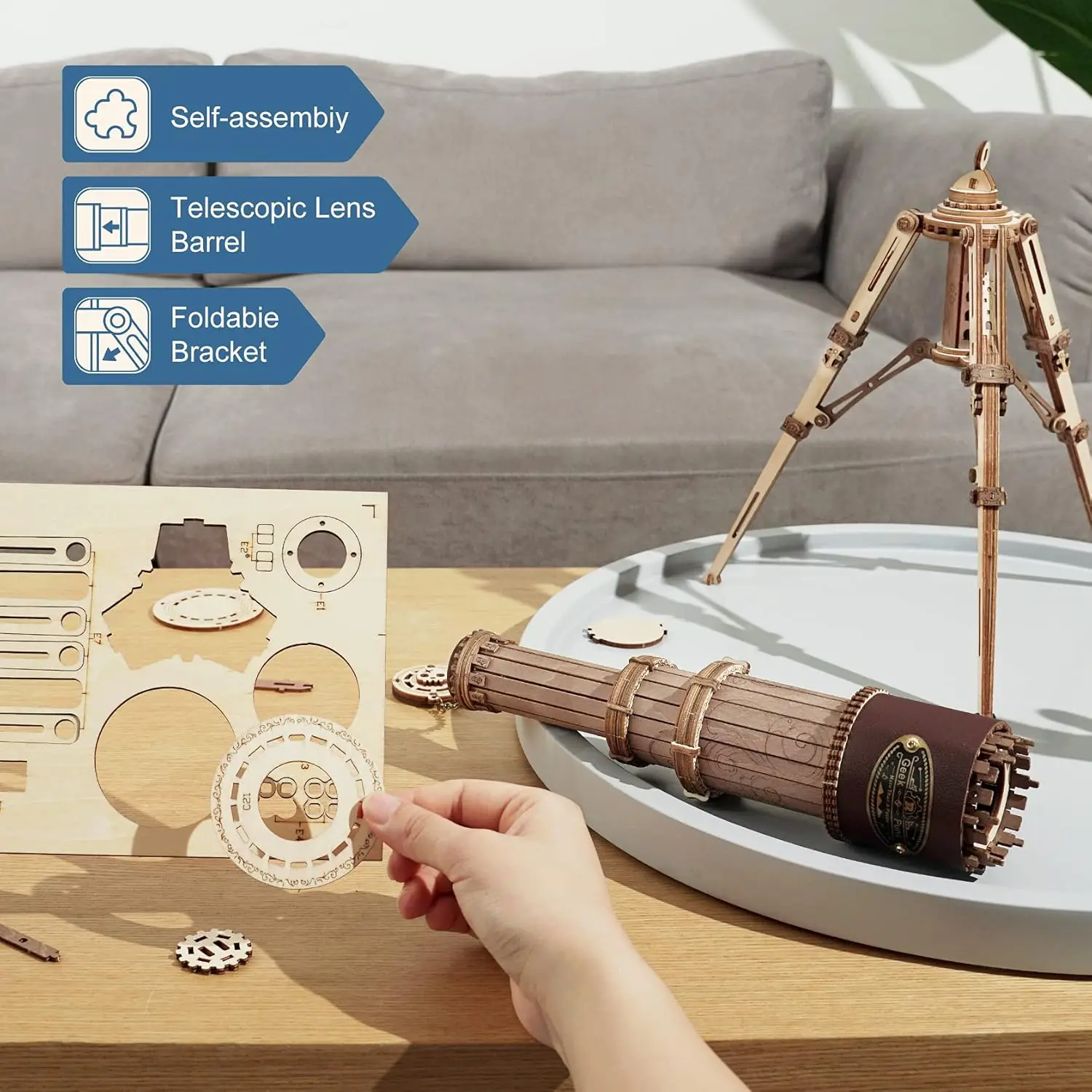 Robotime Monocular Telescope 3D Wooden Puzzle DIY Science Model Kits for Adults Teens Birthday Gifts