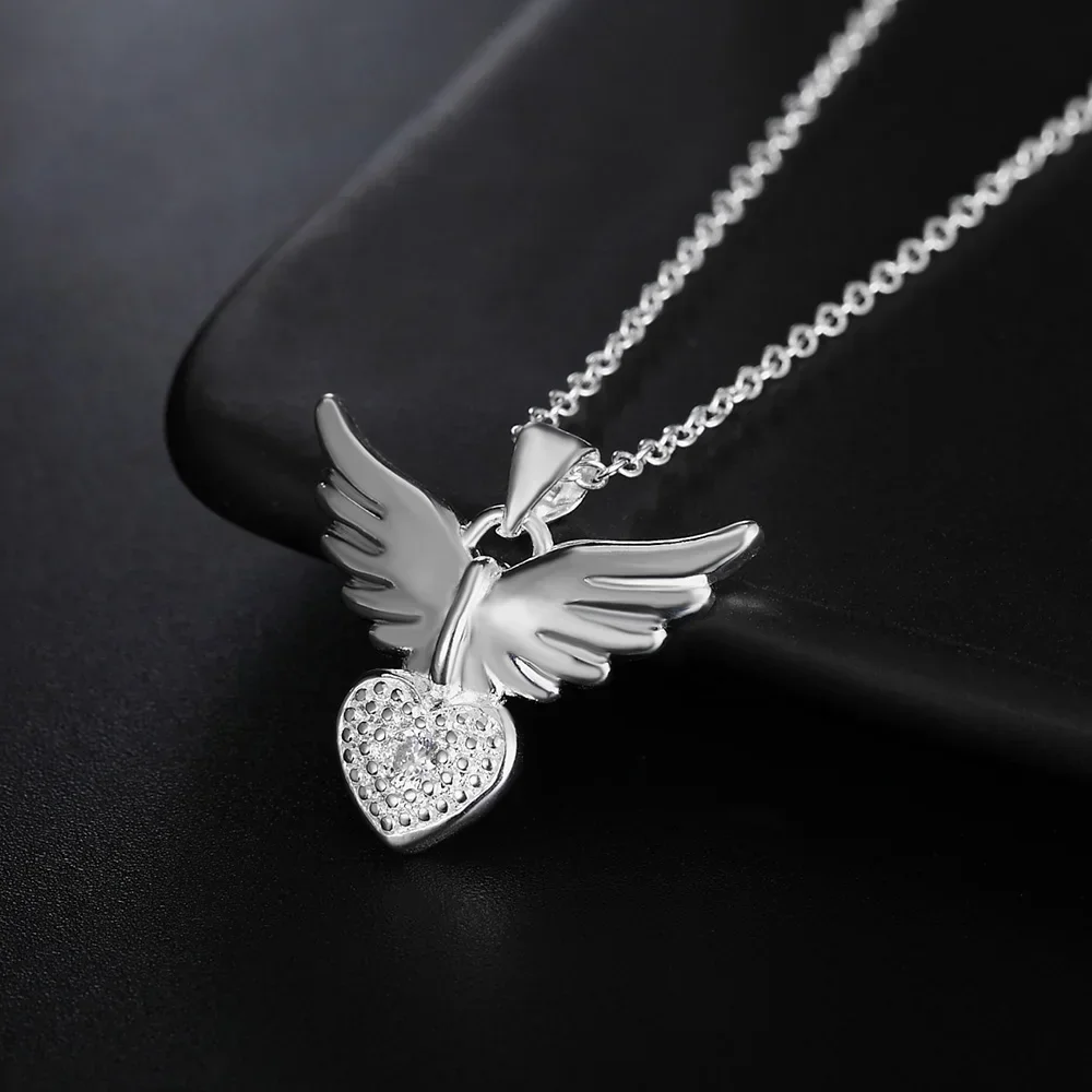 Pretty 925 Sterling Silver custom Zircon Heart wings Pendant Necklaces For Women Fashion wedding party Jewelry Holiday gifts