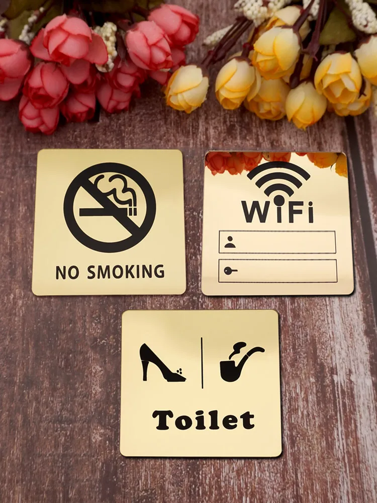 

10cm Acrylic Mirror Stickers Warm Reminder Sign WIFI No Smoking Toilet Logo Warning Plaque Public Shope Signage Warning Sign