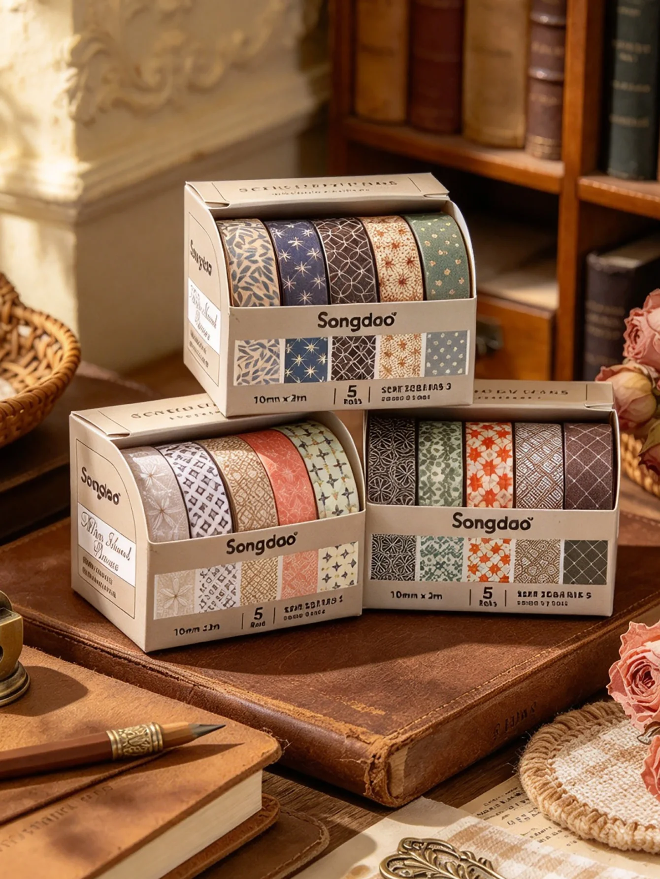 5 Rolls/Box 10mm x 2m Geometric Washi Tape Set Patterned Masking Tape for Journaling Scrapbooking Planners DIY Crafts