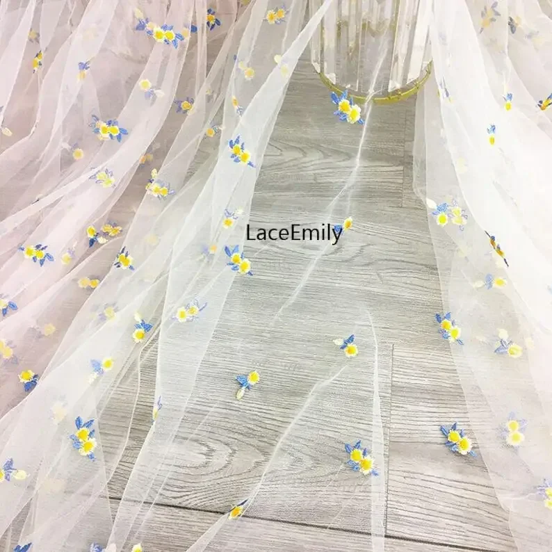 Delicate small flower embroidery Lace Fabric flowers soft pink mesh tulle For Wedding Gown, Bridal Dress,  Party Dress 1 Yard