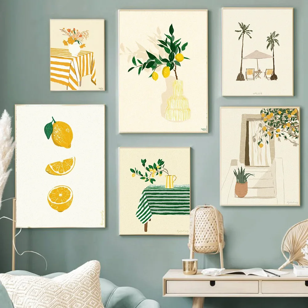 Cuadro sobre lienzo para pared con fruta, limón en jarrón, carteles nórdicos e impresiones, vacaciones de verano, imágenes debajo de las palmas, decoración para sala de estar