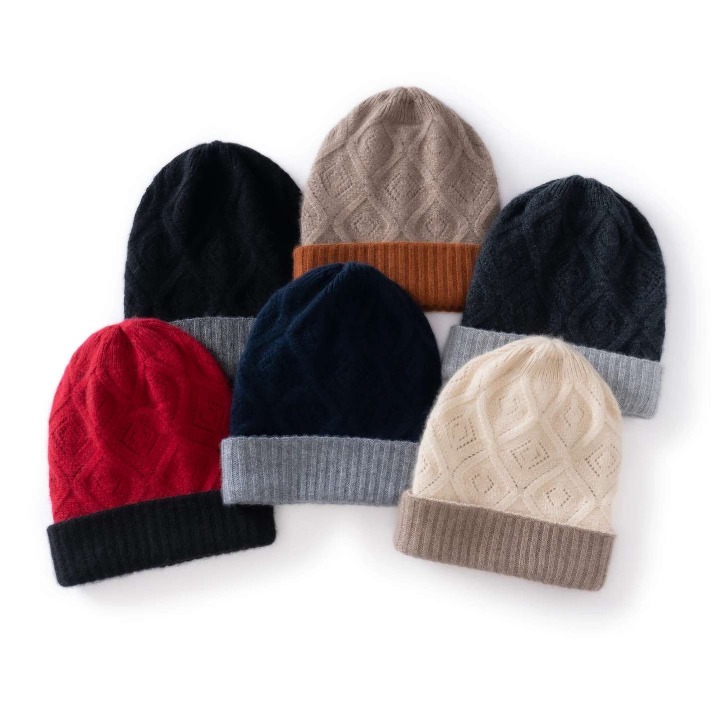 

Women's 100% Cashmere Flipped Knitted Beanie Color Blocking Warm Windproof Outdoor Bonnet with Embroidery Ear Protection