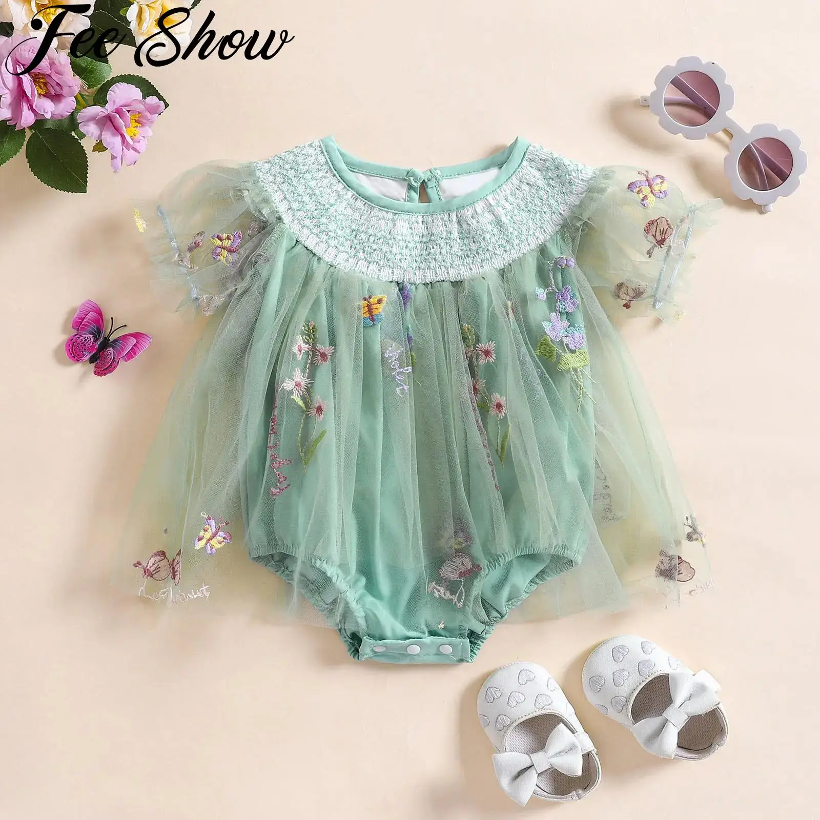 

Baby Girls Summer Sweet Dress Short Sleeves Floral Embroidery Rompers Children Clothes for Holiday Birthday Party Photography