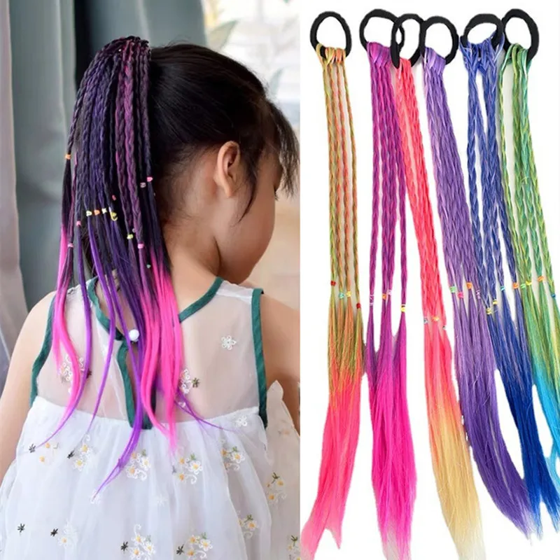 6Pc Rainbow Gradient Color Dirty Braided Ponytail Wig Kids Rubber Elastic Hair Bands For Women Girls Ponytail Hair Accessories