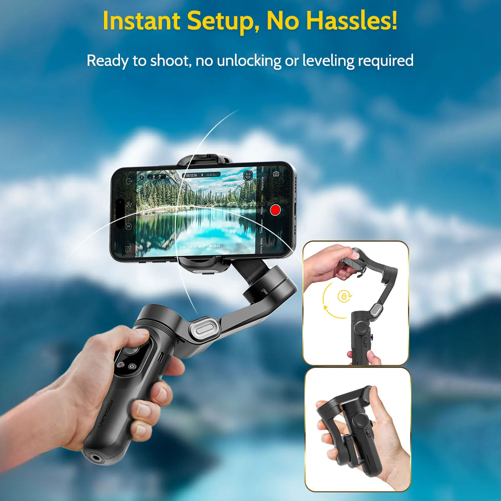 AOCHUAN Smartphone Gimbal Stabilizer OLED screen with LED lights 3-axis gimbal Stabilizer for Android and iPhone Smart XproBlack