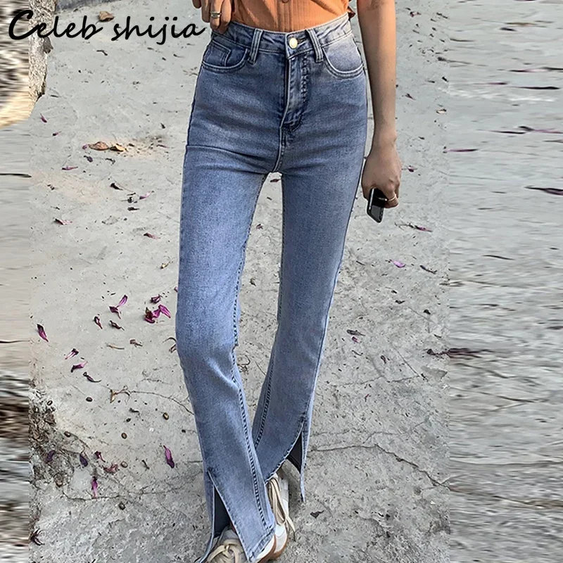 Chic Stretch Denim Jeans Woman Street Wear Light Blue Bell Bottoms Woman Pencil Pants High Waist Split Jean Mom Korean Fashion