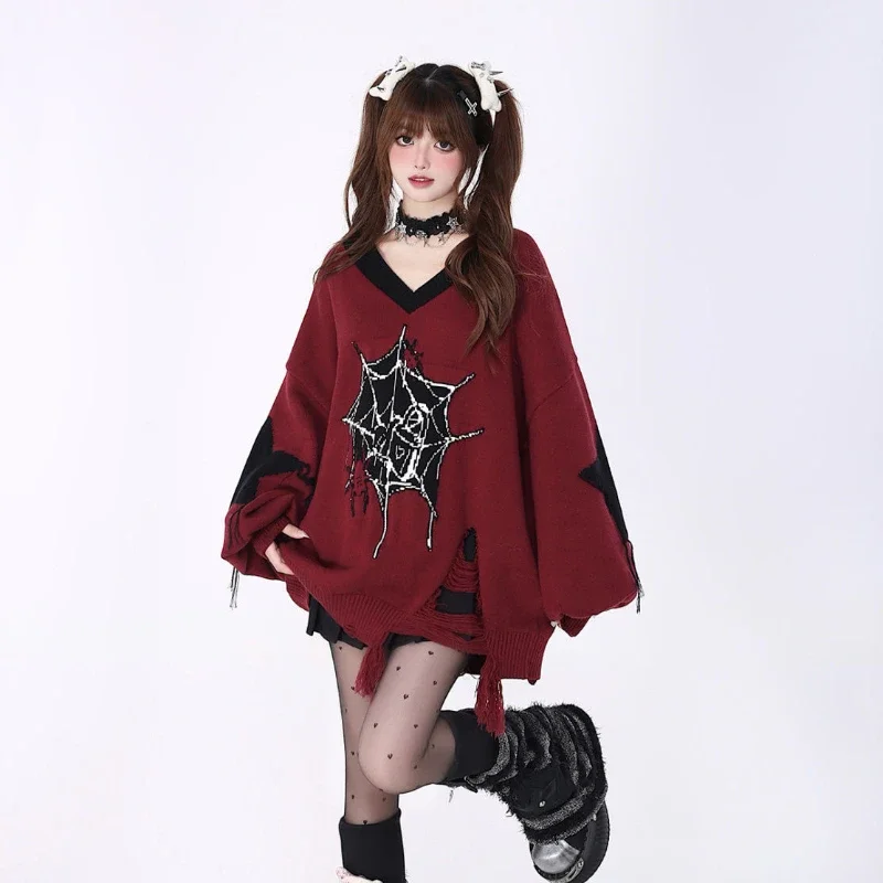 Deeptown Gothic Y2k Trui Vrouwen Harajuku Vintage Punk Lange Mouw Gebreide Trui Grunge Mode Streetwear Oversize Truien