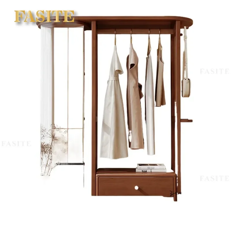 For Solid Wood Coat Rack Floor Standing with Mirror Multi Layer Shelf Storage Cabinet Simple Household Hanger Behind Door