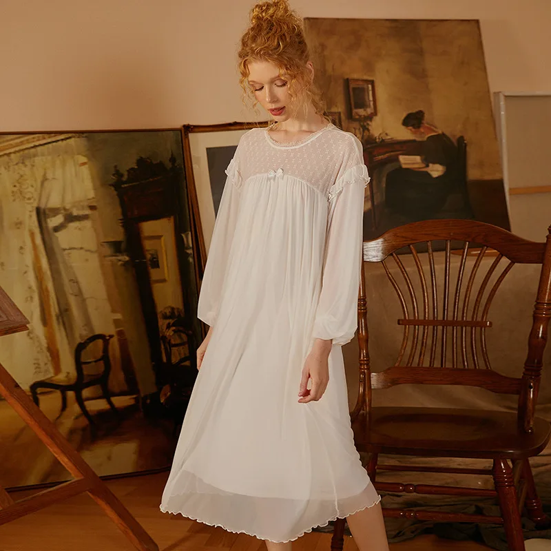 

Victorian Lace Nightdress Mesh Women Full Sleeve Nightgown White Long Nightwear Round Neck Vintage Sleepwear Sweet Peignoir