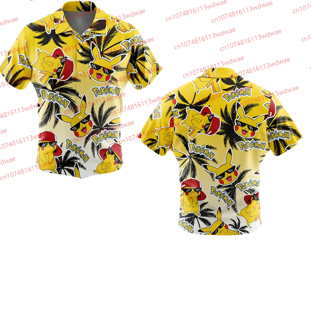 

Pikachu Hawaiian Shirt Summer Anime Print Short Sleeve Casual Tops Vacation Beach Aloha Pokemon Unisex Couple Cartoon TShirt