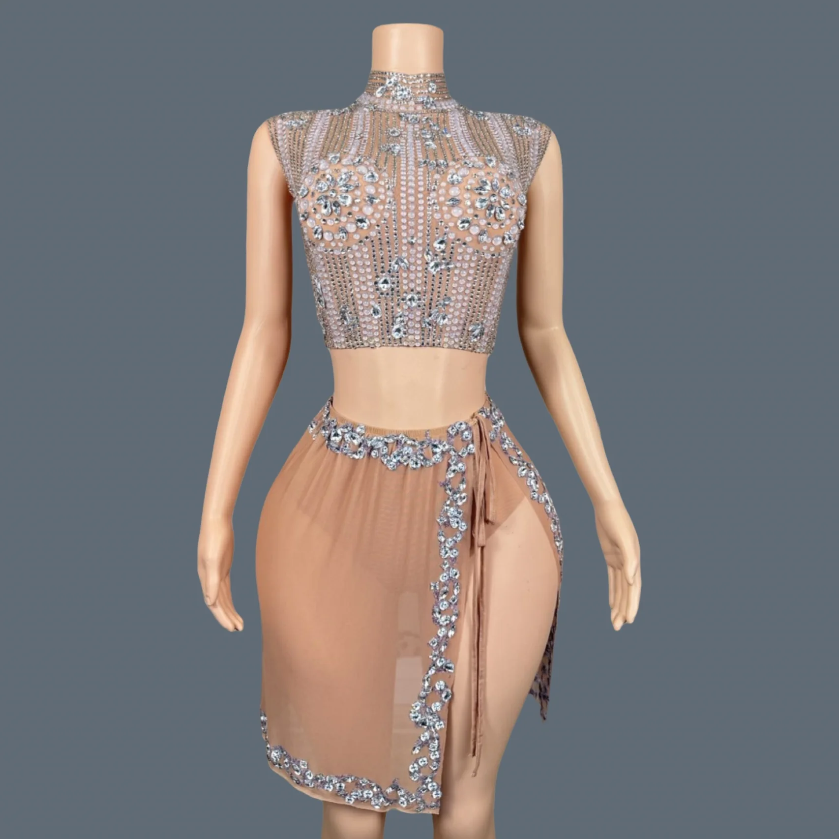 Sparkly Rhinestone Crop Tops Mini Skirt 2Pieces Set Festival Party Mesh Outfit Side Slits Bodysuit Event Dance Sexy Wear Luzhu