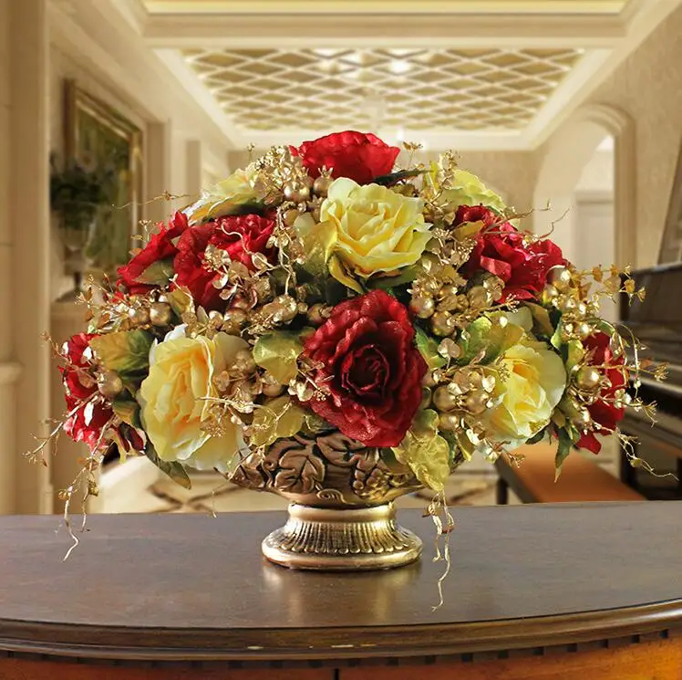 Imagem -03 - Europeu Vaso de Cerâmica Mais Conjunto de Flores Artificiais Ornamentos em Casa Sala de Estar Mesa de Café Figurinhas Falsas de Seda Artesanato Decoração