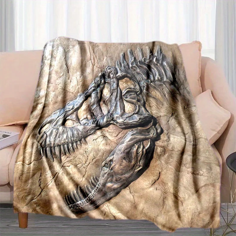 T-Rex Skull Flannel Throw Blanket, Jurassic Dinosaur Fossil Print, Lightweight All-Season for Sofa Bed Office Nap,Outdoor Picnic