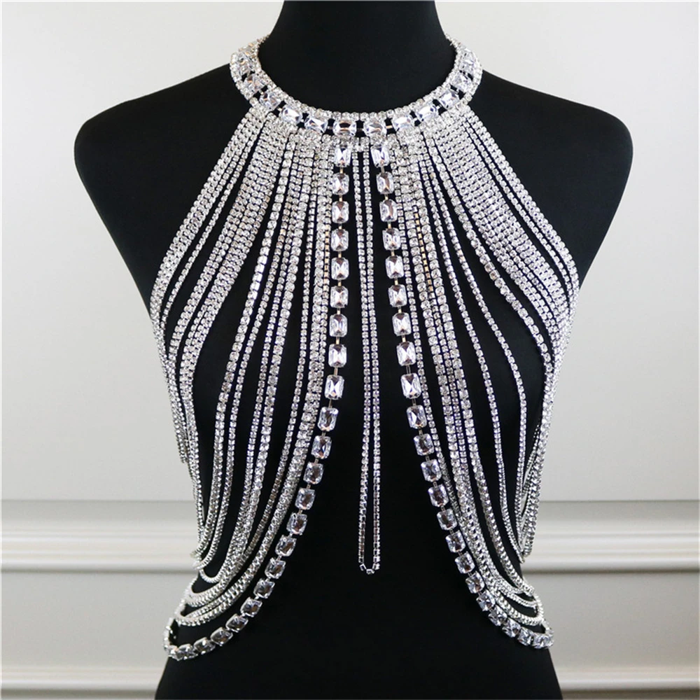 

Europe America Fashion New Personalized Long Tassel Rhinestone Chest Chain Nightclub Shining Sexy Top for Women Wearing Body