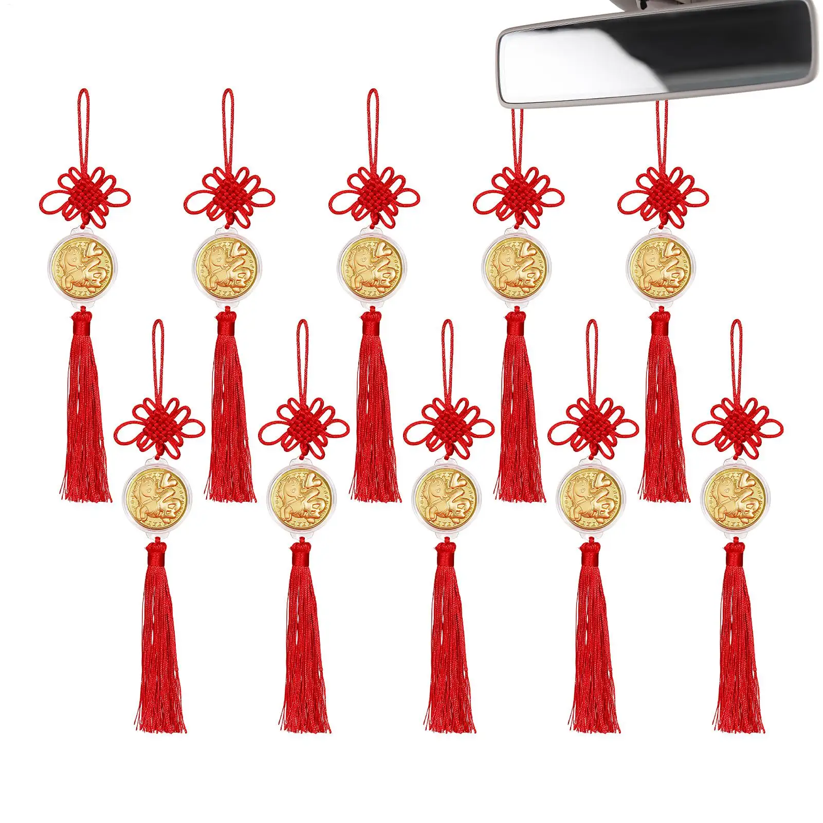 2026 Chinese New Year Horse Pendant 10x Gold FoilZodiac Commemorative Coin Pendant with Tassel New Year Horse Ornament for Car