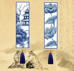 Needlework Embroidery Crafts Counted Cross-Stitching Kit, Blue Flowers Craft, Cross Stitch Bookmark, Metal Silver and Golden