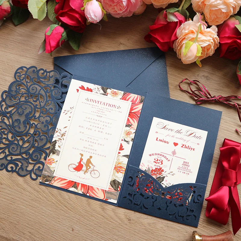 

100 pieces Laser Cut Navy Tri-fold Pocket Wedding Invitation With Reply Card Customized Marriage Birthday XV Invite Cards IC136