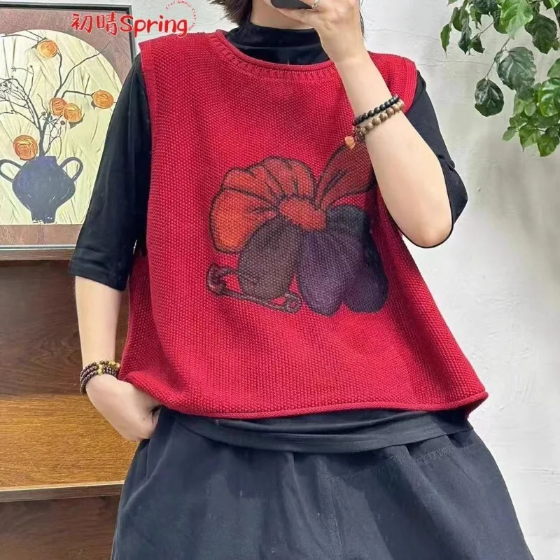 

Весенняя одежда, повседневный ретро литературный жилет с круглым вырезом и принтом, пуловер, свободный вязаный жилет, женский жилет, новый топ