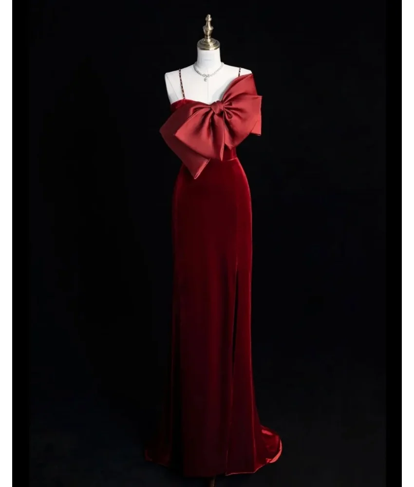

Customized Graceful Velvet Mermaid Spaghetti Straps 3D Bow Evening Dress Temperament Strapless Sleeveless Bespoke Occasion Gowns
