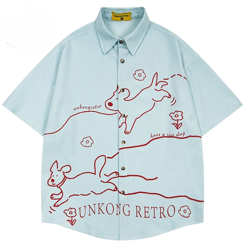 Dog Graphic Men shirts Summer Casual Loose Button Up Blouse Streetwear Harajuku Hip Hop