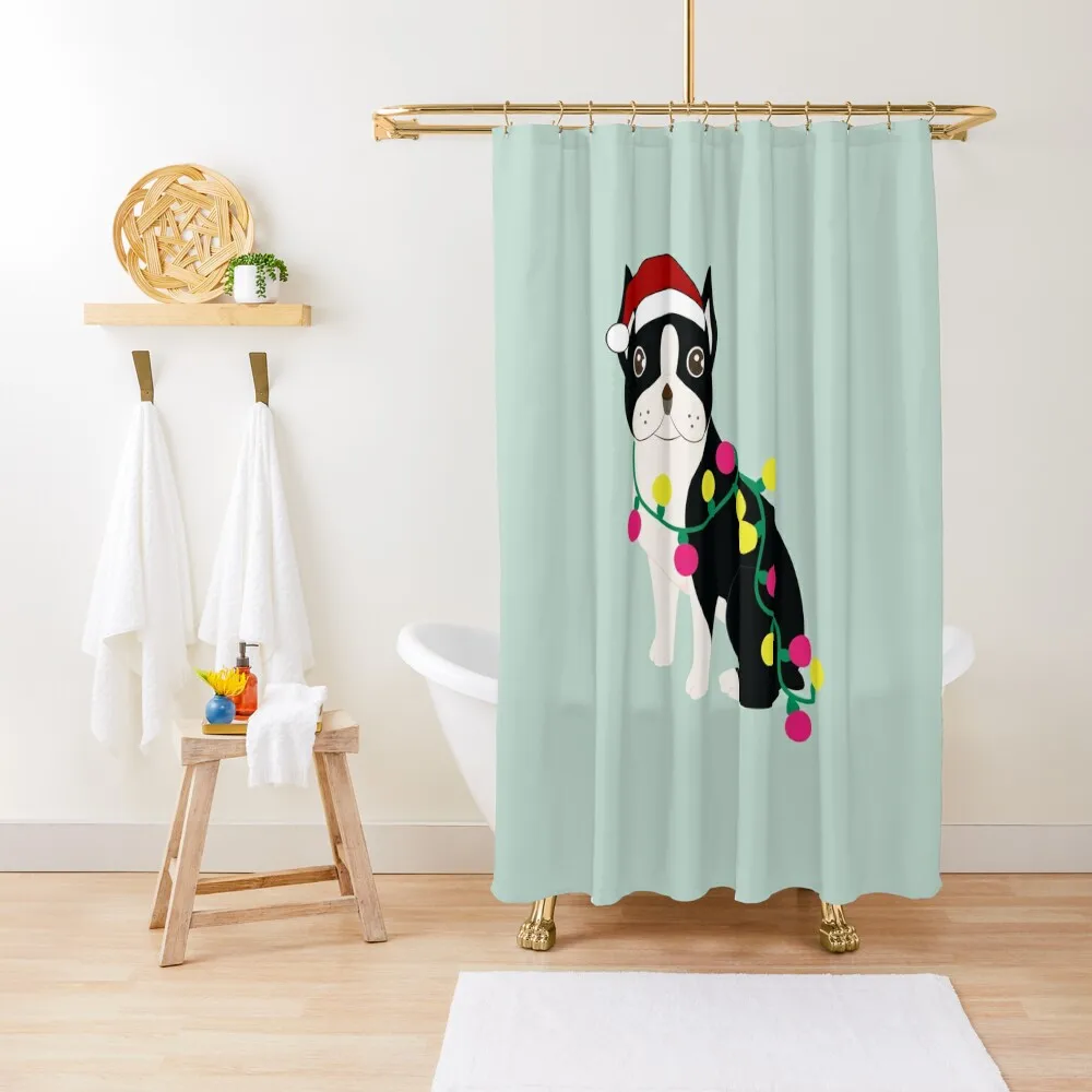 Christmas Boston Terrier Santa Dog Holiday Shower Curtain For Shower Shower Bathroom Waterproof Curtain