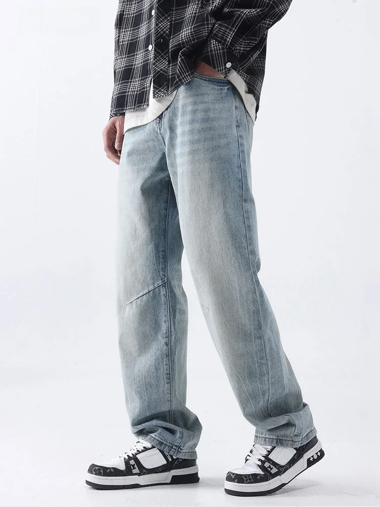 

UKTK Американские джинсы с талией в стиле ретро, мужские прямые свободные брюки с широкими штанинами, длинные брюки из хлопка и полиэстера, регенерированные F...