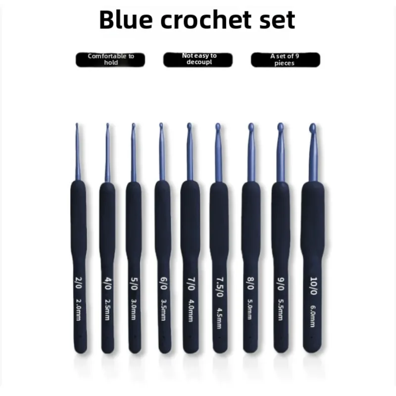 New Soft Handle Crochet Blue Set, Aluminum Hook Head Crochet 9 Set with Blue Handle