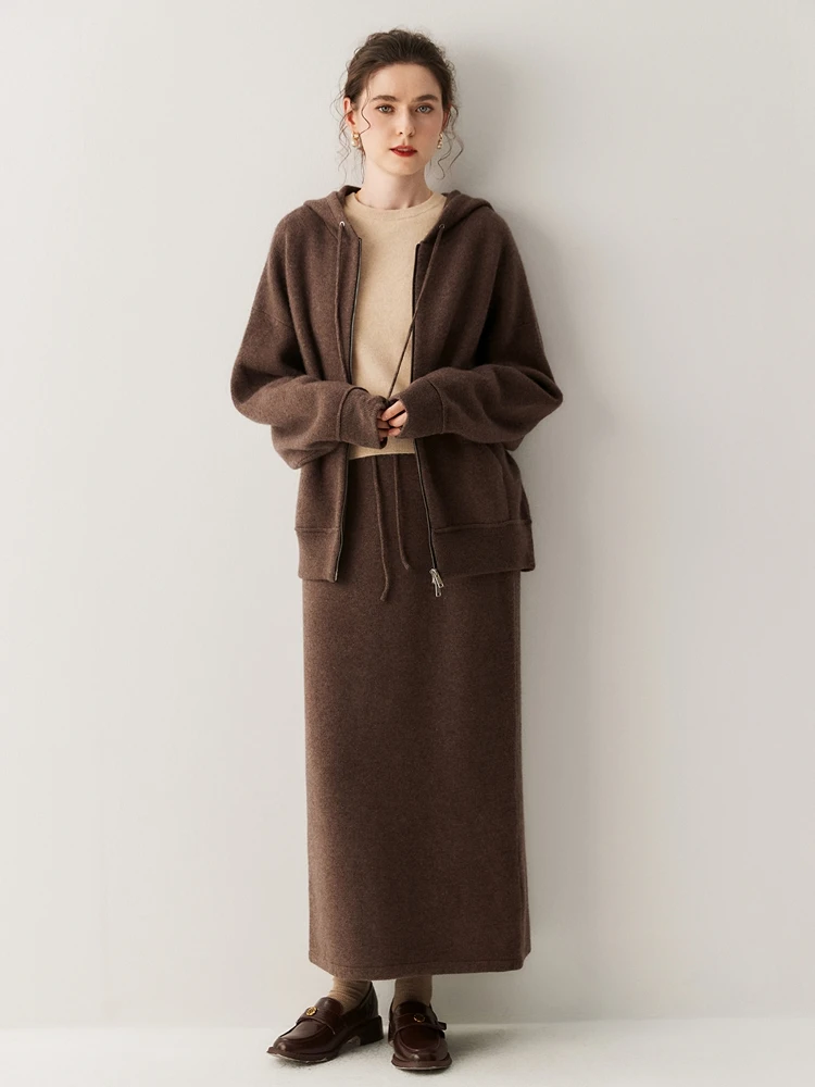 

TLOML New Women 100% Cashmere Sweater Thick Hooded Zipper Cardigan Autumn Winter Soft Comfy Casual Style Cashmere Knitwear Coat