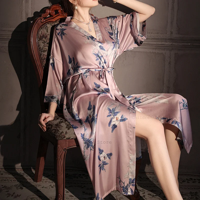 

Flower Print Robe Long Bathrobe Women Sexy Kimono Nightdress Loose Peignoir Soft Rayon Sleepwear Female Intimate Lingerie